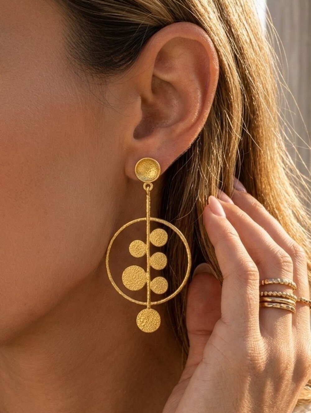 18K Gold Plated Brass Geometric Drop Earrings Hammered Disc Boho Greek Goddess